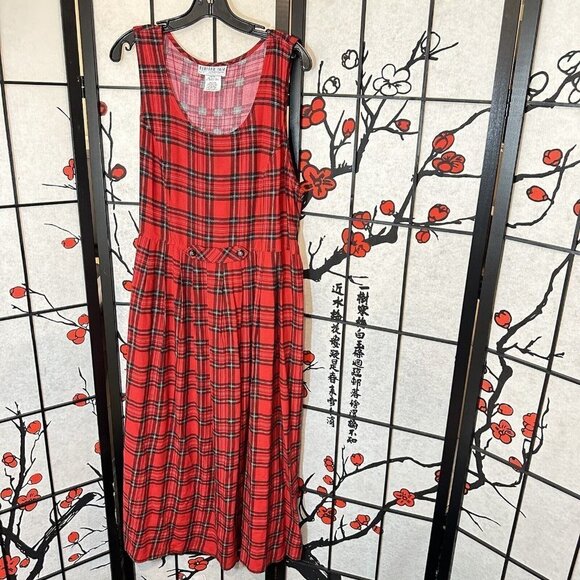 VTG Long Jumper Dress  Red Tartan Plaid Flannel Bib M Bedford Fair Dark Academia - Picture 1 of 6